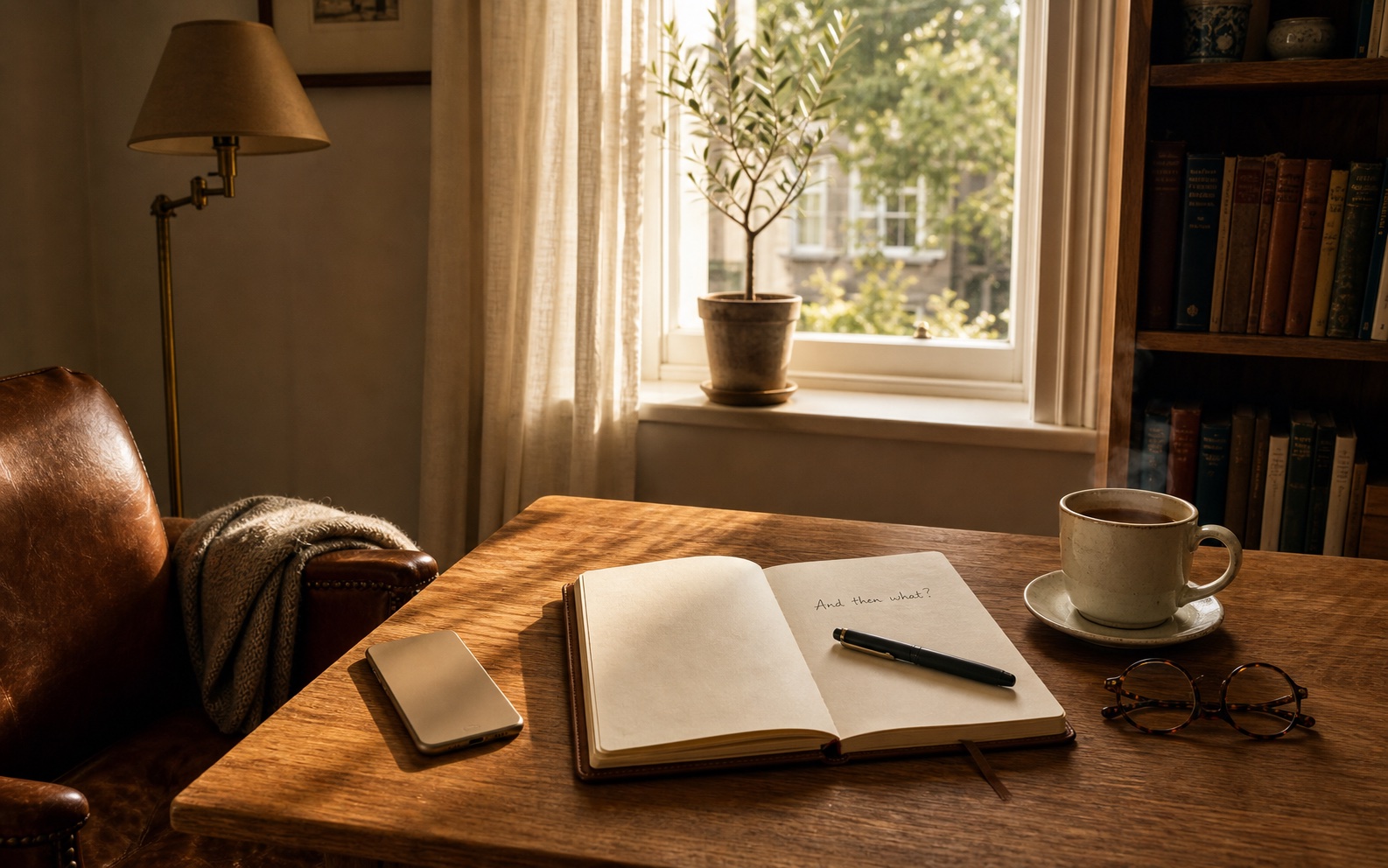A warm wood-paneled home study desk angled toward a sash window in golden afternoon light. On the desk: an open leather notebook with a handwritten note, a fountain pen, a smartphone face-up, a mug of tea with rising steam, a pair of reading glasses. A small olive plant on the windowsill, a bookshelf with hardcovers in soft focus, a worn leather chair pulled slightly out.