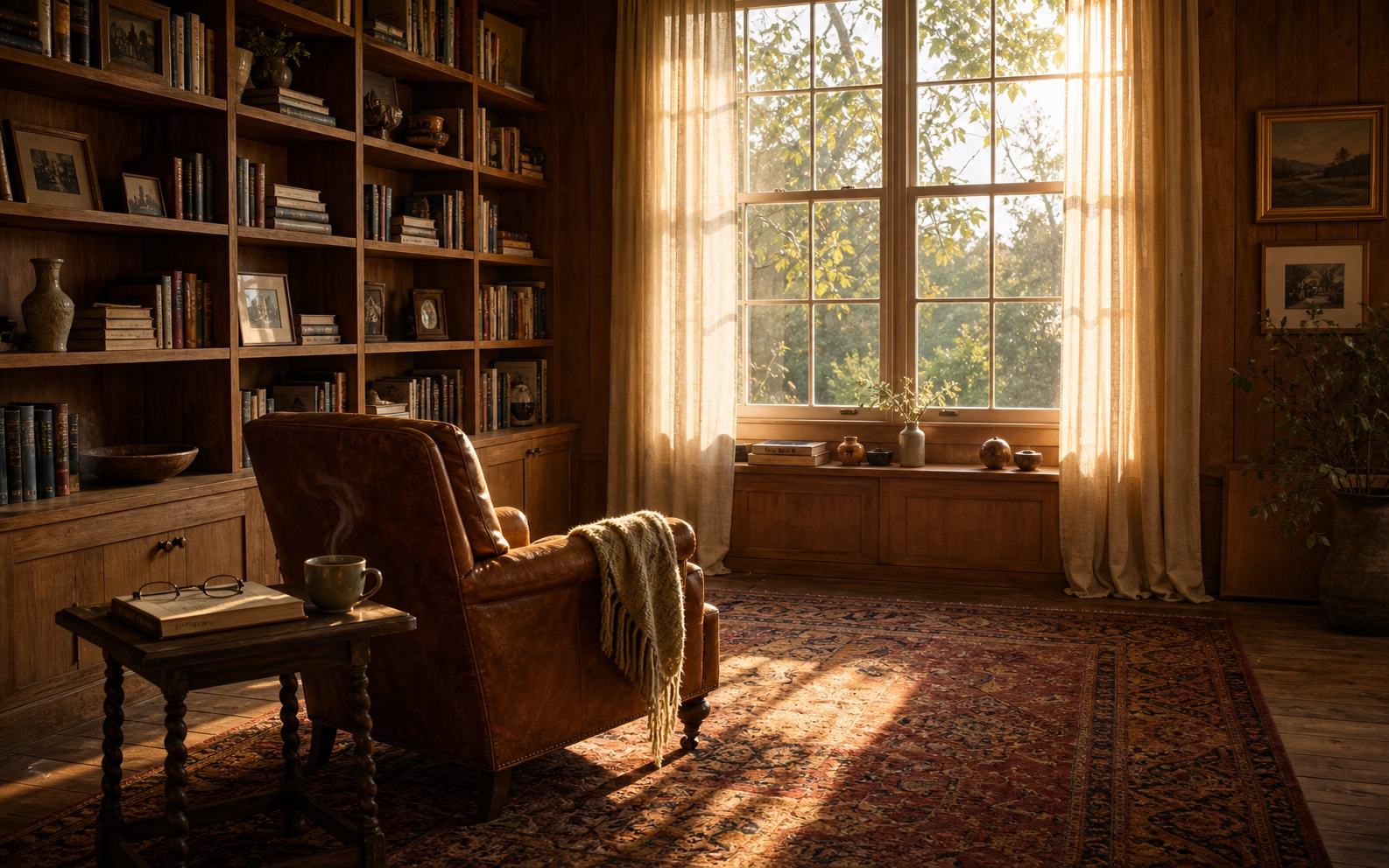 A warm, lived-in home study in late afternoon — wood-paneled walls in light oak, a worn leather reading chair turned toward a window with sheer linen curtains, an open book and steaming teacup on a side table, bookshelves with framed photographs, and long golden shadows across a Persian rug.