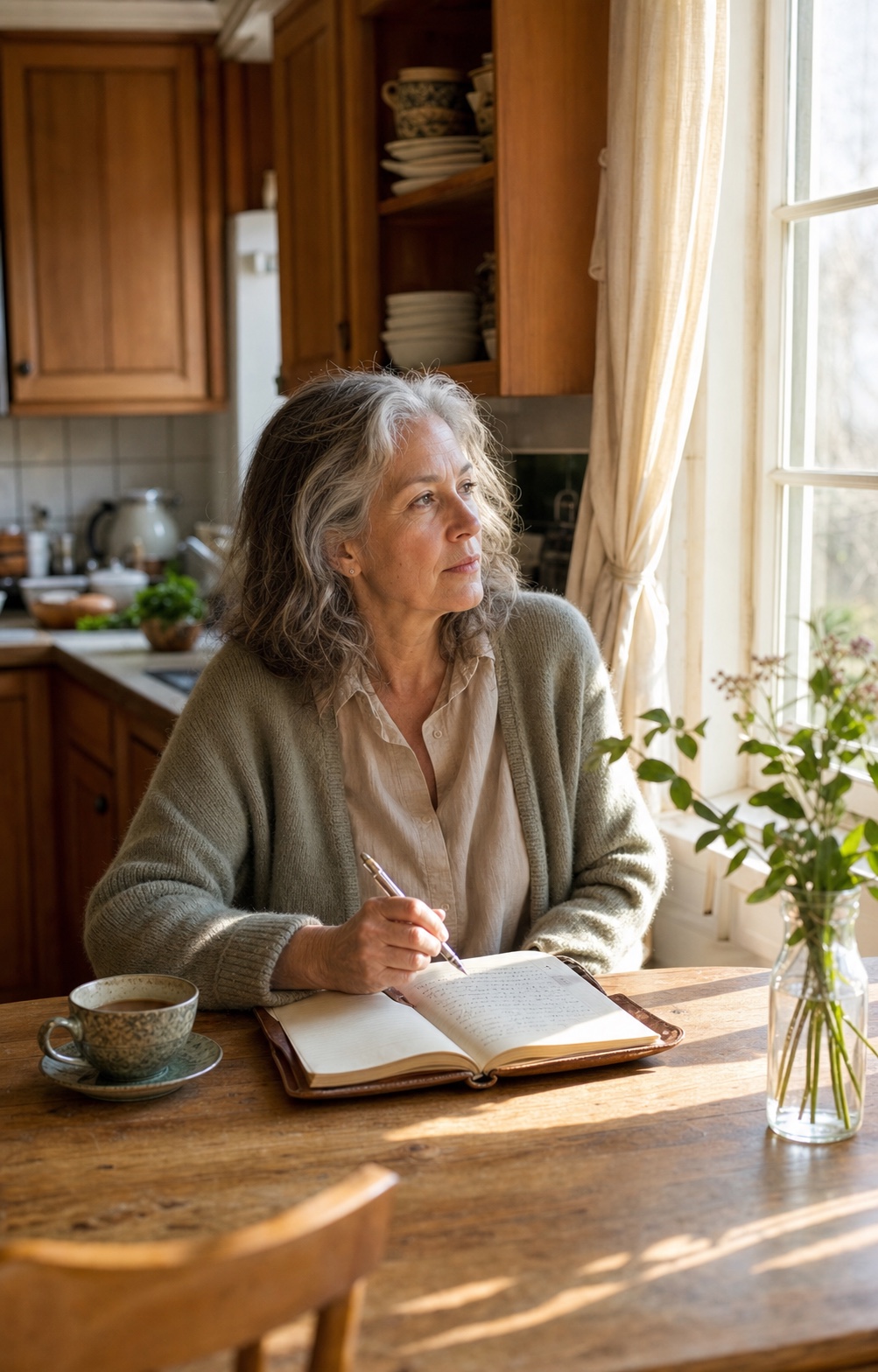 A woman in her late fifties at her kitchen table in golden-hour morning light, holding a pen above an open notebook, looking out the window in a moment of considered thought.