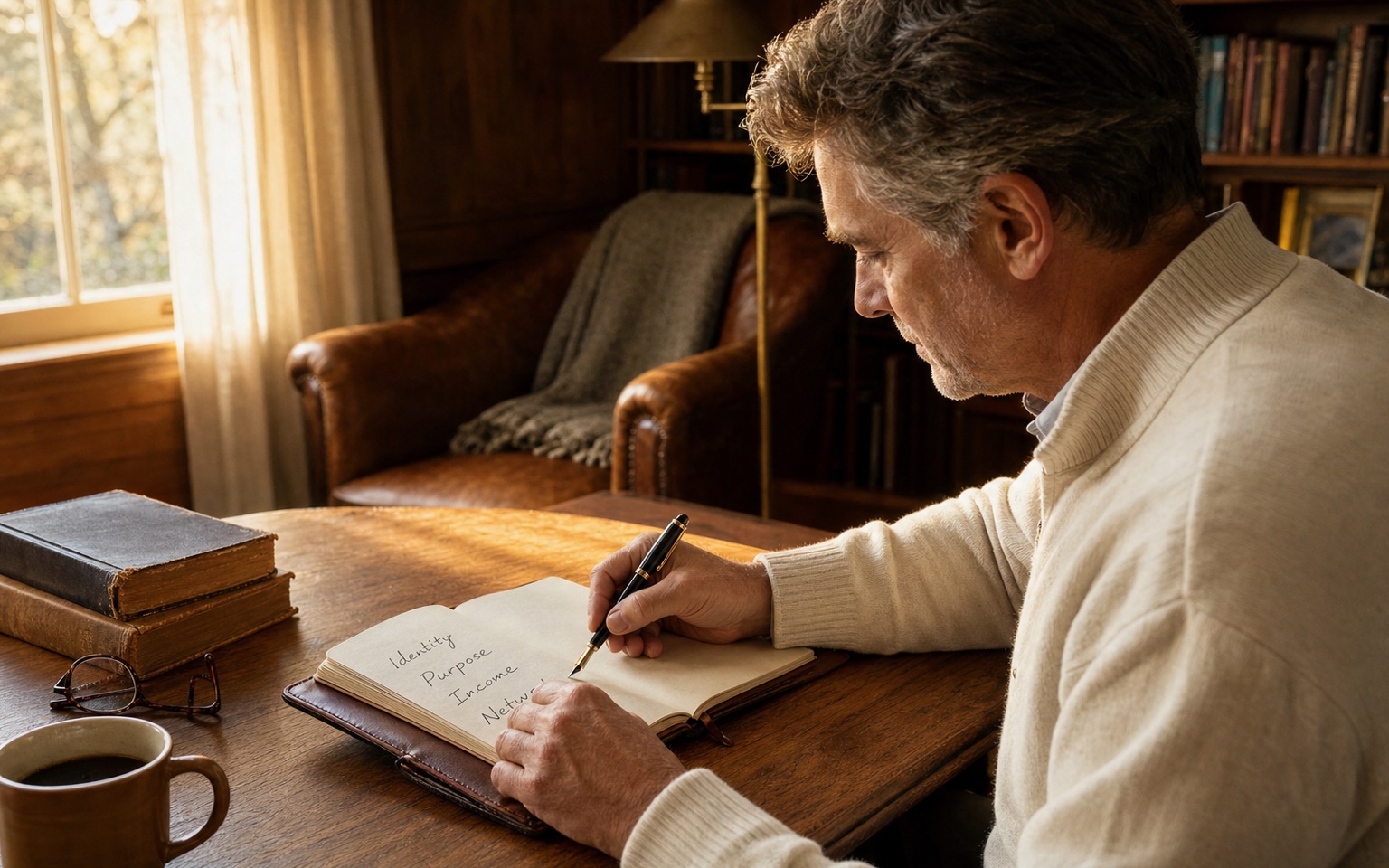 A man in his late fifties at a wood-paneled home study desk in golden morning light, hand resting on an open notebook with a hand-drafted four-quadrant diagram labeled Identity, Purpose, Income, Network. Coffee, reading glasses, a stack of hardcover books, a leather club chair with a wool throw nearby.