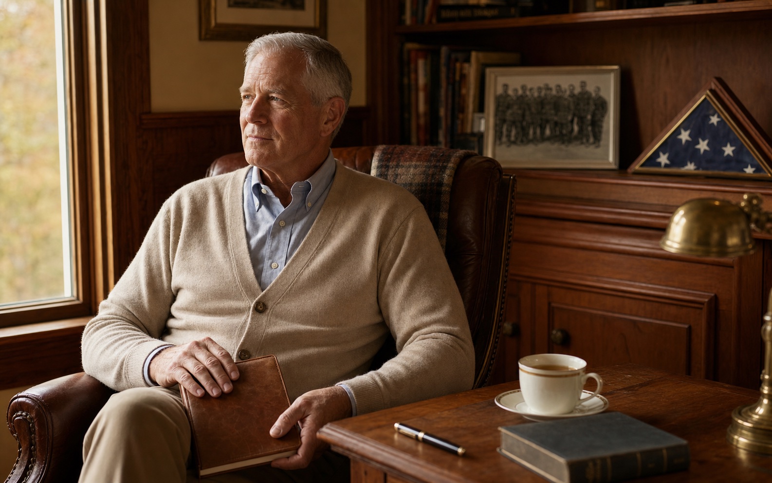 A retired senior military leader in his mid-sixties, in a cream cardigan and oxford shirt, seated in a leather chair beside a wood-paneled home study desk, gaze toward the window in a contemplative pose. A folded American flag in a triangular display case and a framed unit photograph rest on the shelf behind him in soft focus.