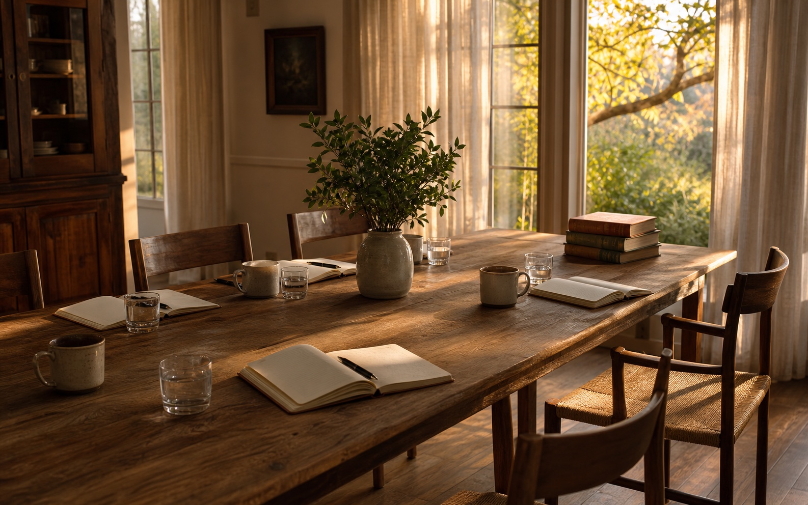 A long oak dining table set for a small cohort conversation — open notebooks at each place, ceramic mugs, a low arrangement of fresh garden greens at the center, late-afternoon golden light through sheer linen curtains.
