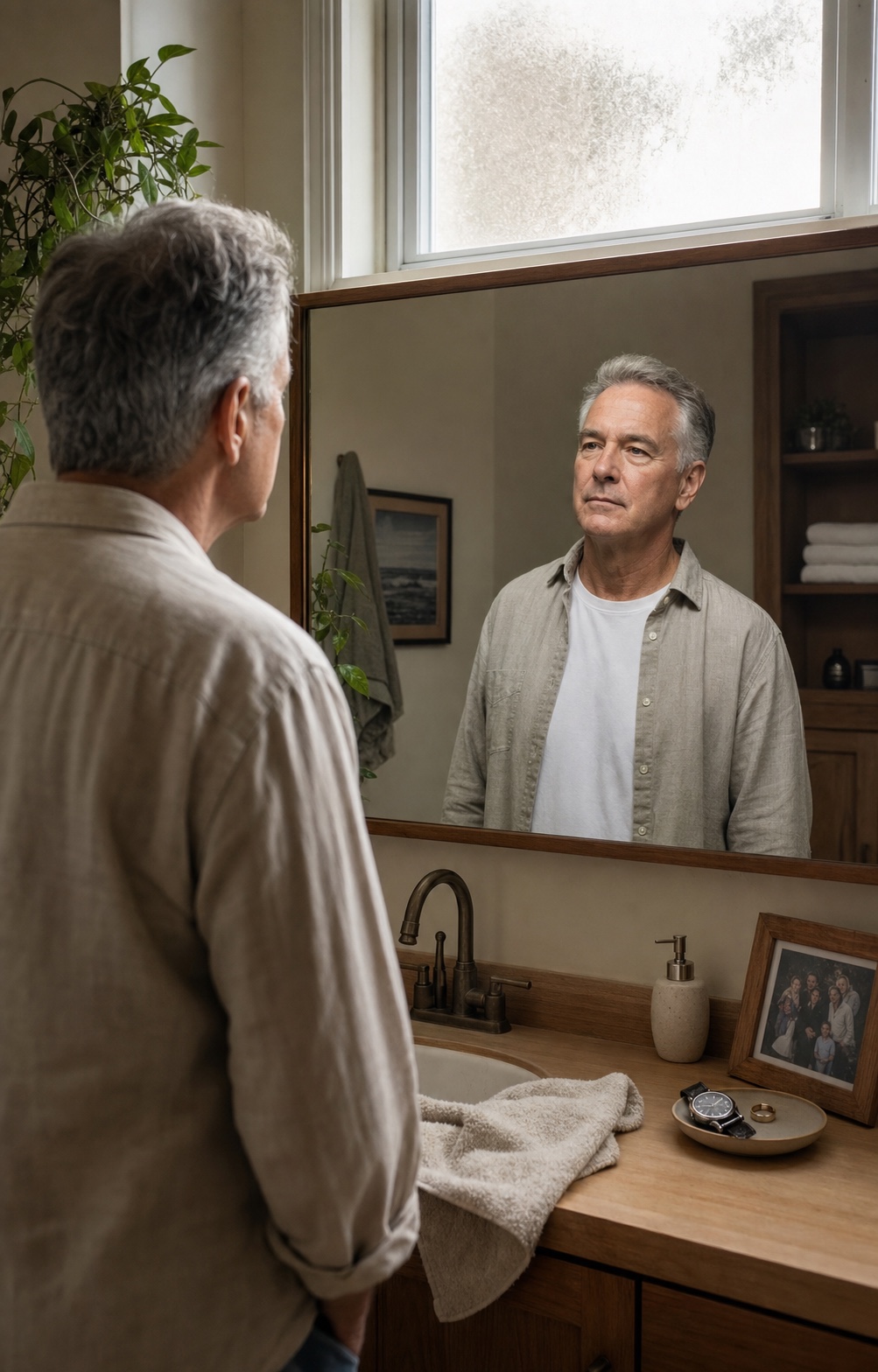 A man in his late fifties at the bathroom mirror in his own home, soft morning light, looking at his own reflection in a quiet moment of self-recognition — not the person his last title made him, the person he is now.