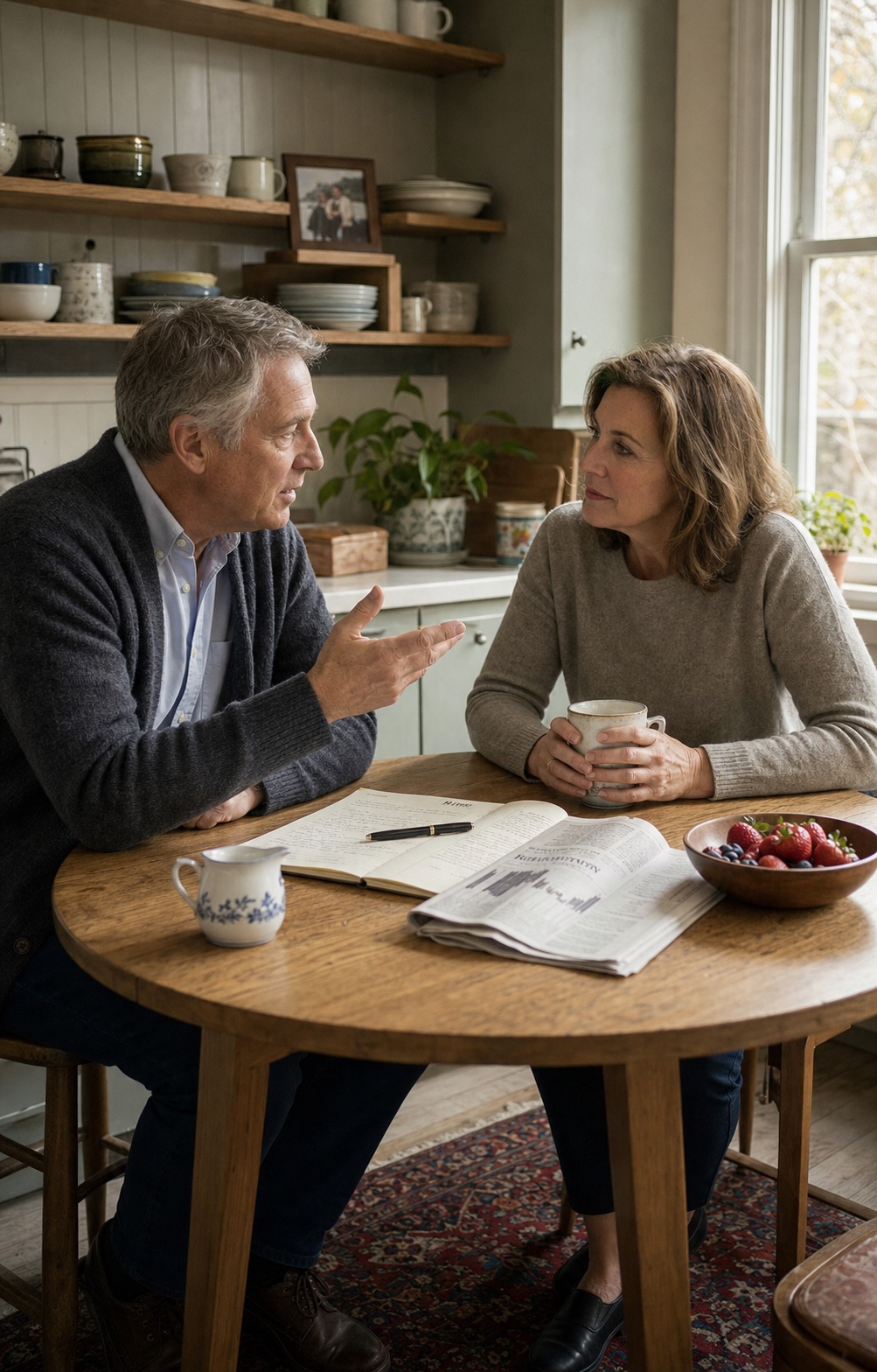 Two people in their late fifties at a small oak table in a sun-lit kitchen, mid-conversation about next-chapter economics — one gesturing in mid-explanation, the other listening with a mug in both hands, an open notebook between them. Considered planning, not anxious calculation.