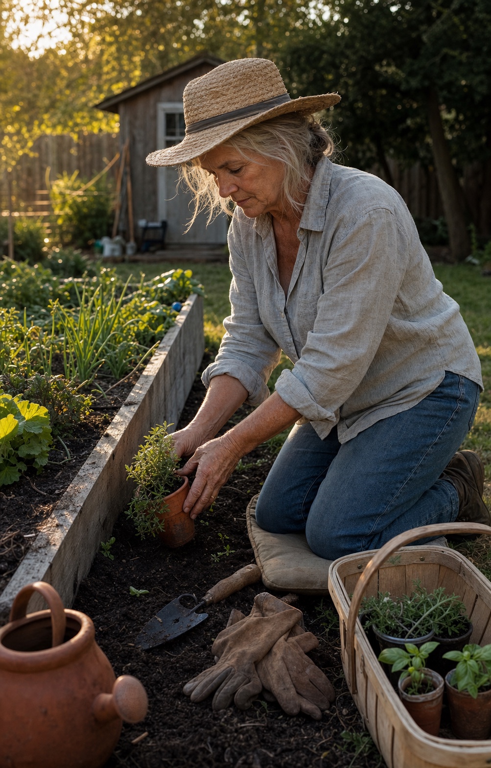 A woman in her early sixties tending a vegetable garden at golden hour — straw hat, faded linen shirt, hands in dark earth gently transplanting an herb seedling. The kind of considered work she'd happily do on a Tuesday morning when nobody is asking.